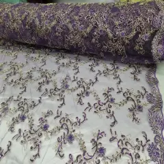1 Yard Purple Metallic Flowers Sequins Mesh Lace Fabric for Tablecloths and Costumes Wide 54'' inch