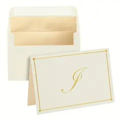 Gold Foil Letter I Personalized Blank Note Cards with Envelopes 4x6, Initial I Monogrammed Stationery Set (Ivory, 24 Pack) White