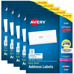 Avery Easy Peel Printable Address Labels with Sure Feed, 1" x 2-5/8" Customizable Stickers, White, 3,000 Blank Mailing Labels, Great for Mailing, Shipping, and More (5160) - 5 Pack