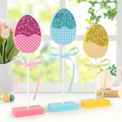 3 Pcs Easter Tiered Tray Decor Set, Wooden Glitter Easter Eggs Decor, Simple Happy Easter Centerpieces for Tables Home Kitchen Office (Simple)