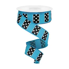 1.5" B & W Polka Dot Stripes Ribbon: Turquoise (10 Yards)