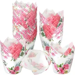 200 Pieces Pink Flower Tulip Cupcake Wrappers Liners Tulip for Baking Flower Liners Mini Cupcake Baking Rustic Birthday Party Decoration for Bridal Shower Wedding Festival Party