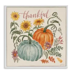 Thankful Text Autumnal Flower Blossoms Pumpkins Design Framed Giclee Art White