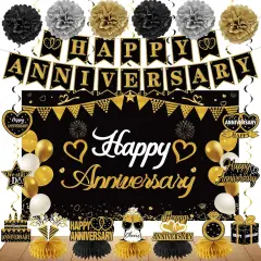 Happy Anniversary Decorations &ndash; Black & Gold Kit with Banner, Backdrop, Centerpieces & Swirls