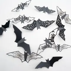 24Pcs 3D Bat Wall Stickers - Halloween Decor With Hollow Out Castle, Star, Moon Design