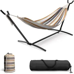 Sorbus Double Hammock With Steel Stand - Portable Carrying Case Brown Stripes