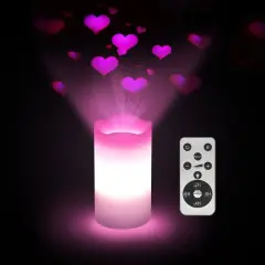 XingsLight Valentines Day Flameless Candles Romantic Pink Heart Projector Lights Battery Operated Night Light with Remote and Timer, LED Candle Home Decorations