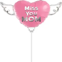 Heavenly Balloons on a stick Miss You Mom (pink) balloon heart shaped with angel wings