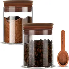 500ml Glass Coffee Canister with Wooden Lids and Scoop, Kitchen Coffee Container Set of 2 Hold Up to Total 12 oz of Coffee Bean, Airtight Food Storge Jars for Ground Coffee Bar Cereal Snack