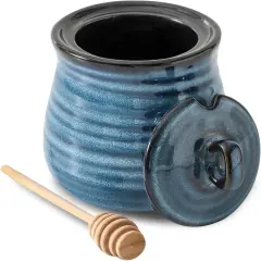 12 Ounce Honey Jar and Dipper Set,Porcelain Honey Pot with Lid and Wooden Dipper,Cute Honey Containers for Party,Holiday,Halloween Favors,Farmhouse Kitchen Decor,Dishwasher Safe,Blue