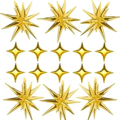Gold Star Foil Balloons Kit with 6 Pack 12 Point Star Balloons Starburst Cone Balloons Spike Balloons and 10Pcs Four Pointed Star Balloos for Wedding Baby Shower Photo Booth Birthday Party Supplies