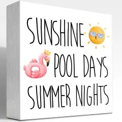 Sunshine Pool Days Summer Nights Summer Wooden Box Sign,Summer Wooden Block Sign for Home Bedroom Office Farmhouse Shelf Wall Desk Decor