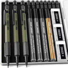 1.3mm Mechanical Pencil Set with 48 Lead Refill, 3PCS Metal Weatherproof Body Heavy Duty Carpenter Pencil, 3 Eraser, 12 Eraser Refill, for Outdoor Woodworking Drafting Marking with Case