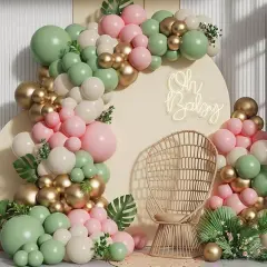 All In One 138pcs Sage Green Pink Balloons Arch Garland Kit, 5 10 12 18inch Different Size Latex Balloon Wedding Boho Girls Woodland Baby Shower Jungle Safari Birthday Party