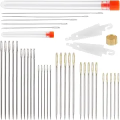 40 Pcs Large Eye Hand Sewing Needles Set Long Sewing Needles Big Eye Stitching Needles Sharp Embroidery Needles with Thimble Threader and Storage Tube for Quilting Darning and Art Crafts