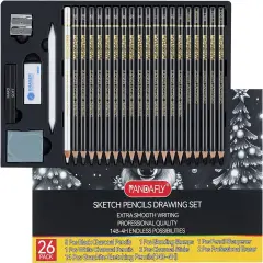Drawing Sketching Pencil Set, 26 Piece Pro Art Pencil Sketch Kit - Graphite Pencils (14B-4H), Black and White Charcoal Pencils, Charcoal Sticks, Blending Stump, Eraser, Sharpeners
