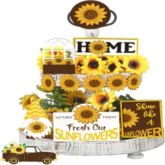 2 Pcs Sunflower Tiered Tray Decor Set Farmhouse Summer Wooden Sign Sunflower Decorations for Home Rustic Sunflower Table Decorations Summer Tiered Tray Decor for Home Kitchen Tabletop