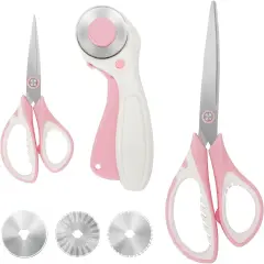 Pink Professional Sewing Scissors Set: Big Scissors, Small Scissors, Rotary Cutter with 3pcs Extra Blades for Cutting Fabric