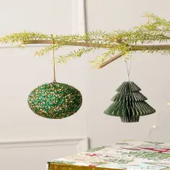 Sequins Lac Ball Hanging Ornament - Green & Gold - 4"