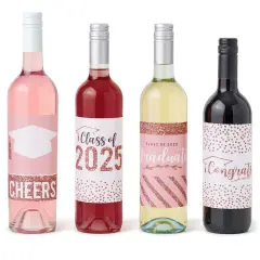 Big Dot of Happiness Rose Gold Grad - 2025 Graduation Party Decorations for Women and Men - Wine Bottle Label Stickers - Set of 4