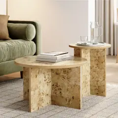 Burl Wood Round Nesting Coffee Tables - Modern Living Room Furniture - Organic Modern Drink Desk - Stylish Home Decor - 2 Piece Tables Set - Burl Top and Base