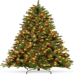 Decorated Christmas Tree Hinged Spruce with Pinecones, Berries, 250 Lights & Metal Base