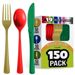 Exquisite Polished Plastic Silverware &ndash; 150 Pcs Heavy Duty Cutlery Set &ndash; 50 Each of Forks, Knives & Spoons &ndash; Disposable Utensil Set for Parties, Events & Catering &ndash; Flatware Set by Party Solids Christmas
