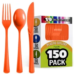 Exquisite Polished Plastic Silverware &ndash; 150 Pcs Heavy Duty Cutlery Set &ndash; 50 Each of Forks, Knives & Spoons &ndash; Disposable Utensil Set for Parties, Events & Catering &ndash; Flatware Set by Party Solids Orange