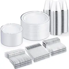 Silver Disposable Dinnerware Set &ndash; 25, 50, 75, 100 Guest Options, Plates, Silverware, Cups for Wedding, Party, Events