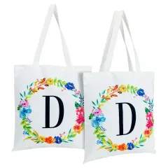 Set of 2 Reusable Monogram Letter D Personalized Canvas Tote Bags for Women, Floral Design (29 Inches) White