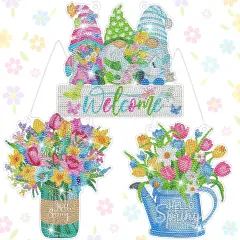 3 Pcs DIY Spring Diamond Painting Wreath Kit Tulip Flower Gnome Diamond Art Hanging Wreath Spring Crystal Painting Ornaments Hanging Sign for Adults Beginners Craft Supplies