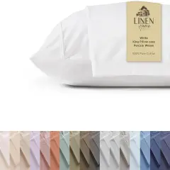100% Cotton Percale Pillowcases King Size, White, 2 Pieces of Pillow Case, Crisp and Cool Strong Bed Linen