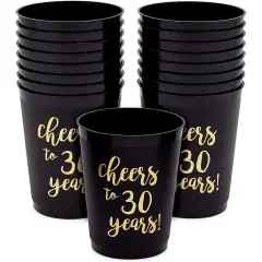 16 Pack Black 30th Birthday Plastic Tumbler Cups 16 oz for Anniversary Party Supplies, Cheers to 30 Years