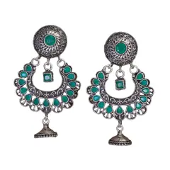 Indian Oxidized Jhumka Earrings for Women - Indian Oxidized Bell Jhumki Ethnic Floral Chandbali Earrings Faux Pearls Bollywood Style Floral Dangle Earring Jewelry for Bride Gift for Her GREEN