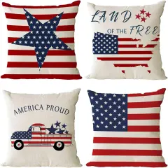 Set of 4, 18x18 inch Throw Pillow Covers for 4th of July Decorations