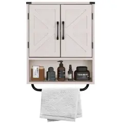 Modern Wooden Bathroom Wall Storage Cabinet with Doors and Towel Rack, Adjustable Shelves Grey