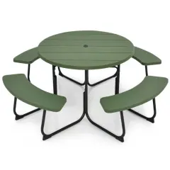 75" Round HDPE 8-Seater Outdoor Picnic Table with Umbrella Hole and Metal Frame Green