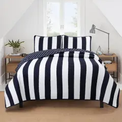 Soft Machine Washable Navy White Quilt Set Cotton Fabric Reversible Stars and Stripes Pattern