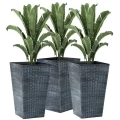 Set of 3 Tall Faux Rattan Flower Pots Stackable Indoor Outdoor Planters with Drainage Hole Grey