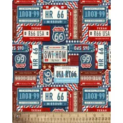 Cars License Plates Route 66 Digital Cotton Print Fabric | By the Yard | Sewing and Crafting | 44 inches wide