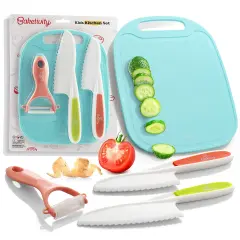Baketivity Kid Safe Plastic Knives For Real Cooking With Cutting Board, Peeler For Kitchen - Knife Set With Blunt Tip, Dishwasher Safe, BPA Free Kids Knives For Cutting
