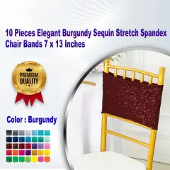 10 Pieces Elegant Burgundy Sequin Stretch Spandex Chair Bands 7 x 13 Inches