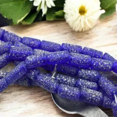 10x25mm Matte Cobalt Blue Pompeii Tube Beads (18" Strand) - Indonesian Glass Beads