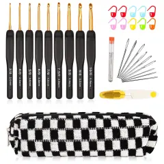 31pcs Crochet Hook Set, Black Gold Crochet Hooks Ergonomic with Grips for Arthritic Hands, Crochet Needles Set with Knitting & Crochet Supplies, Ideal Crochet Gift for Crochet Beginner Lover