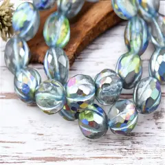 *12* 10mm Metallic Turquoise Washed Crystal AB Faceted Round Melon Beads