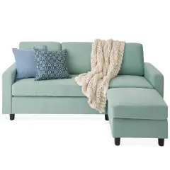 Best Choice Products Linen Sectional Sofa Couch w/ Chaise Lounge, Reversible Ottoman Bench Aqua