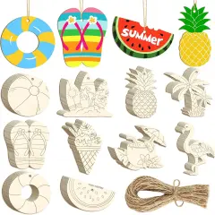 80PCS Wooden Summer Ornaments to Paint, 10 Styles DIY Blank Unfinished Wood Beach Cutouts Ornament for Crafts Hanging Decorations