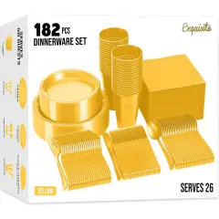 Exquisite 182 Pcs Plastic Plates for Party &ndash; Disposable Plates Set &ndash; 26 Each of 9" Dinner Plates, 7" Dessert Plates, Plastic Cups, Napkins & Plastic Cutlery &ndash; Plastic Dinnerware by Party Solids Yellow