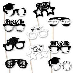 Big Dot of Happiness 2025 Black and White Graduation Glasses - Paper Card Stock Party Photo Booth Props Kit - 10 Count