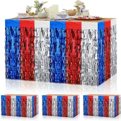 4 Pack 4th of July Decorations, Metallic Foil Fringe Tinsel Table Skirts Patriotic Red White Blue Party Decorations Fourth of July Tablecloth for Independence Memorial Veterans Day